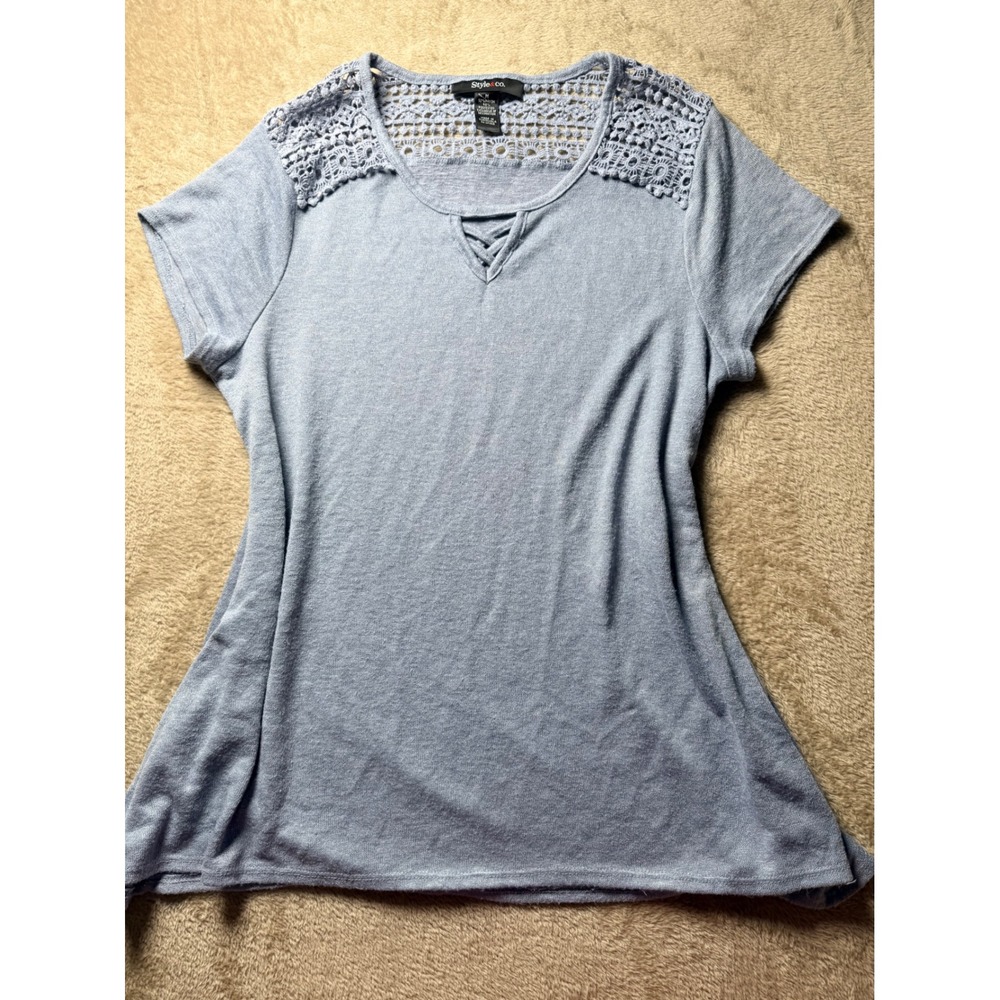 Style‎ & Co Light Blue Crochet Lace Yoke Lattice Neck Short Sleeve Top Medium